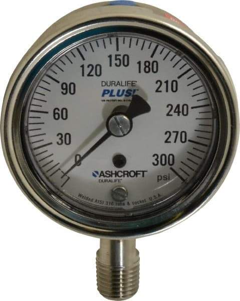 Ashcroft - 2-1/2" Dial, 1/4 Thread, 0-300 Scale Range, Pressure Gauge - Lower Connection Mount, Accurate to 1% of Scale - Eagle Tool & Supply
