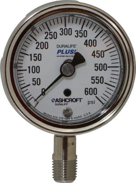 Ashcroft - 2-1/2" Dial, 1/4 Thread, 0-600 Scale Range, Pressure Gauge - Lower Connection Mount, Accurate to 1% of Scale - Eagle Tool & Supply