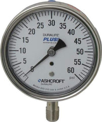 Ashcroft - 3-1/2" Dial, 1/4 Thread, 0-60 Scale Range, Pressure Gauge - Lower Connection Mount, Accurate to 1% of Scale - Eagle Tool & Supply