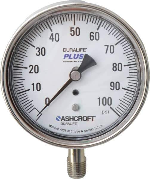 Ashcroft - 3-1/2" Dial, 1/4 Thread, 0-100 Scale Range, Pressure Gauge - Lower Connection Mount, Accurate to 1% of Scale - Eagle Tool & Supply