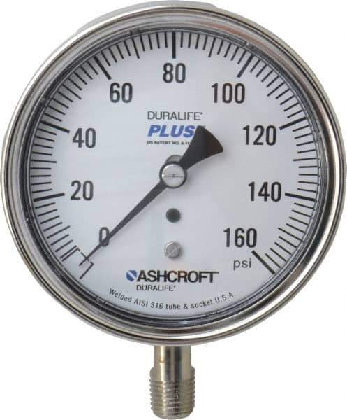 Ashcroft - 3-1/2" Dial, 1/4 Thread, 0-160 Scale Range, Pressure Gauge - Lower Connection Mount, Accurate to 1% of Scale - Eagle Tool & Supply