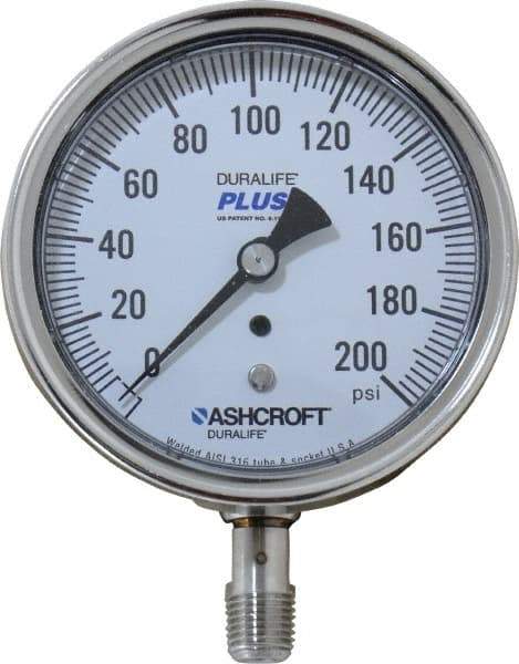 Ashcroft - 3-1/2" Dial, 1/4 Thread, 0-200 Scale Range, Pressure Gauge - Lower Connection Mount, Accurate to 1% of Scale - Eagle Tool & Supply