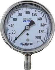 Ashcroft - 3-1/2" Dial, 1/4 Thread, 0-200 Scale Range, Pressure Gauge - Lower Connection Mount, Accurate to 1% of Scale - Eagle Tool & Supply