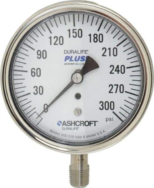 Ashcroft - 3-1/2" Dial, 1/4 Thread, 0-300 Scale Range, Pressure Gauge - Lower Connection Mount, Accurate to 1% of Scale - Eagle Tool & Supply