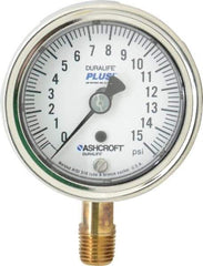 Ashcroft - 2-1/2" Dial, 1/4 Thread, 0-15 Scale Range, Pressure Gauge - Lower Connection Mount, Accurate to 1% of Scale - Eagle Tool & Supply