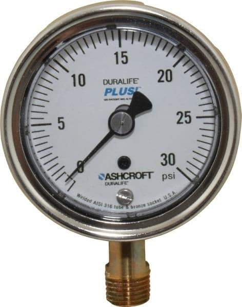 Ashcroft - 2-1/2" Dial, 1/4 Thread, 0-30 Scale Range, Pressure Gauge - Lower Connection Mount, Accurate to 1% of Scale - Eagle Tool & Supply