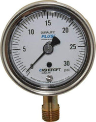 Ashcroft - 2-1/2" Dial, 1/4 Thread, 0-30 Scale Range, Pressure Gauge - Lower Connection Mount, Accurate to 1% of Scale - Eagle Tool & Supply