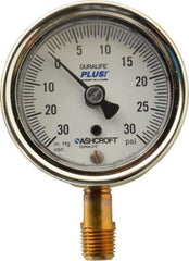 Ashcroft - 2-1/2" Dial, 1/4 Thread, 30-0-30 Scale Range, Pressure Gauge - Lower Connection Mount, Accurate to 1% of Scale - Eagle Tool & Supply