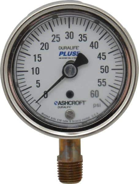Ashcroft - 2-1/2" Dial, 1/4 Thread, 0-60 Scale Range, Pressure Gauge - Lower Connection Mount, Accurate to 1% of Scale - Eagle Tool & Supply