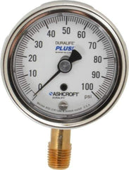 Ashcroft - 2-1/2" Dial, 1/4 Thread, 0-100 Scale Range, Pressure Gauge - Lower Connection Mount, Accurate to 1% of Scale - Eagle Tool & Supply
