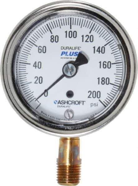 Ashcroft - 2-1/2" Dial, 1/4 Thread, 0-200 Scale Range, Pressure Gauge - Lower Connection Mount, Accurate to 1% of Scale - Eagle Tool & Supply