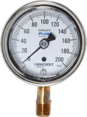Ashcroft - 2-1/2" Dial, 1/4 Thread, 0-200 Scale Range, Pressure Gauge - Lower Connection Mount, Accurate to 1% of Scale - Eagle Tool & Supply
