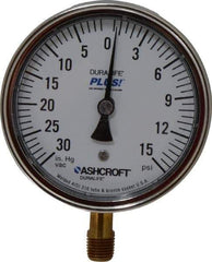 Ashcroft - 3-1/2" Dial, 1/4 Thread, 30-0-15 Scale Range, Pressure Gauge - Lower Connection Mount, Accurate to 1% of Scale - Eagle Tool & Supply