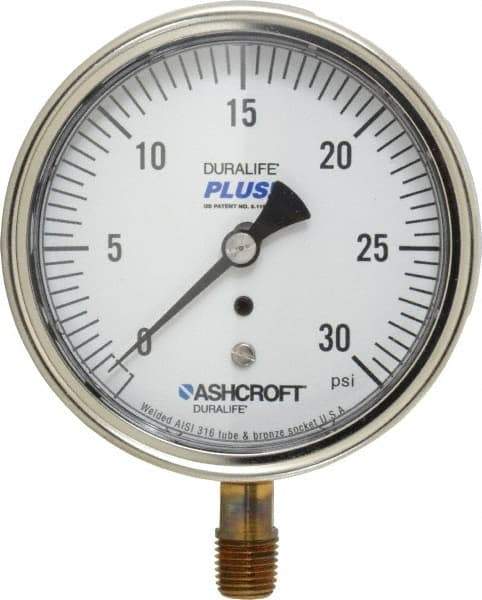 Ashcroft - 3-1/2" Dial, 1/4 Thread, 0-30 Scale Range, Pressure Gauge - Lower Connection Mount, Accurate to 1% of Scale - Eagle Tool & Supply