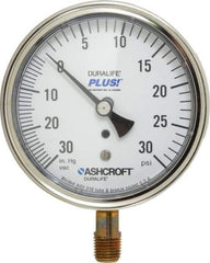 Ashcroft - 3-1/2" Dial, 1/4 Thread, 30-0-30 Scale Range, Pressure Gauge - Lower Connection Mount, Accurate to 1% of Scale - Eagle Tool & Supply