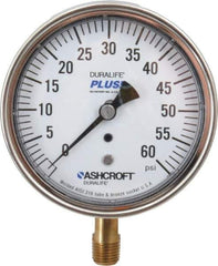 Ashcroft - 3-1/2" Dial, 1/4 Thread, 0-60 Scale Range, Pressure Gauge - Lower Connection Mount, Accurate to 1% of Scale - Eagle Tool & Supply