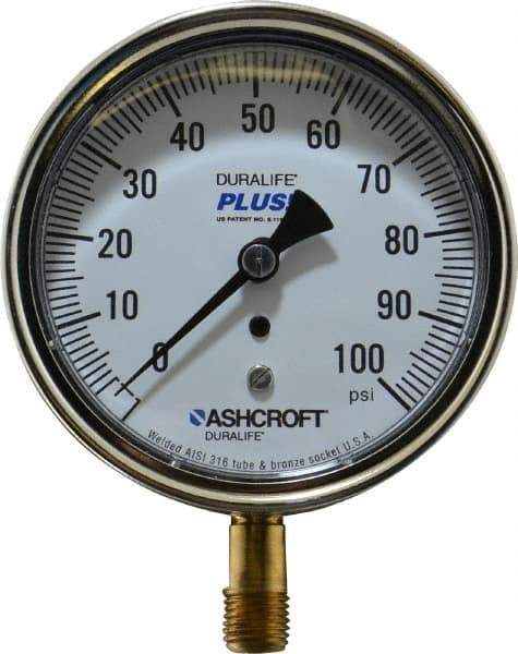 Ashcroft - 3-1/2" Dial, 1/4 Thread, 0-100 Scale Range, Pressure Gauge - Lower Connection Mount, Accurate to 1% of Scale - Eagle Tool & Supply