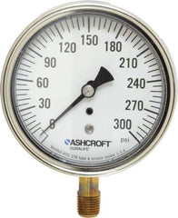 Ashcroft - 3-1/2" Dial, 1/4 Thread, 0-300 Scale Range, Pressure Gauge - Lower Connection Mount, Accurate to 1% of Scale - Eagle Tool & Supply
