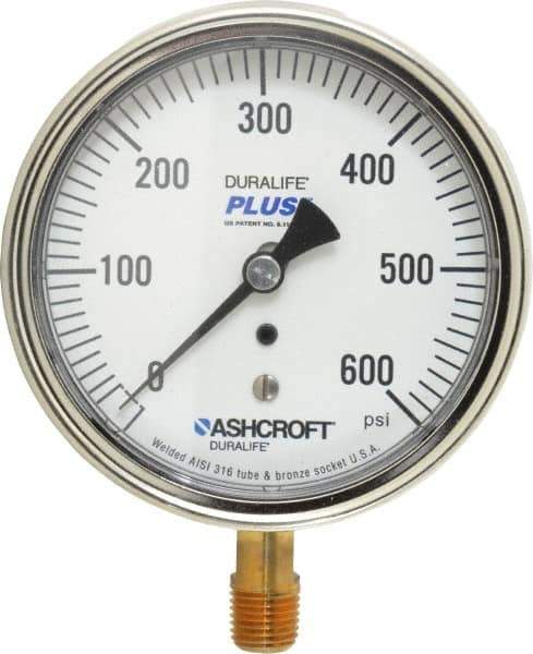 Ashcroft - 3-1/2" Dial, 1/4 Thread, 0-600 Scale Range, Pressure Gauge - Lower Connection Mount, Accurate to 1% of Scale - Eagle Tool & Supply