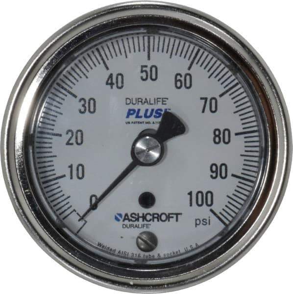 Ashcroft - 2-1/2" Dial, 1/4 Thread, 0-100 Scale Range, Pressure Gauge - Center Back Connection Mount, Accurate to 1% of Scale - Eagle Tool & Supply