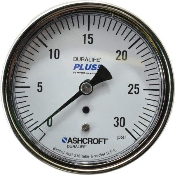 Ashcroft - 3-1/2" Dial, 1/4 Thread, 0-30 Scale Range, Pressure Gauge - Center Back Connection Mount, Accurate to 1% of Scale - Eagle Tool & Supply