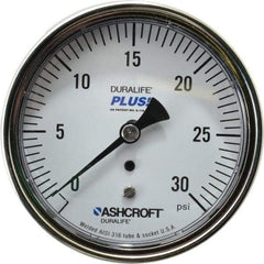 Ashcroft - 3-1/2" Dial, 1/4 Thread, 0-30 Scale Range, Pressure Gauge - Center Back Connection Mount, Accurate to 1% of Scale - Eagle Tool & Supply