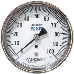 Ashcroft - 3-1/2" Dial, 1/4 Thread, 0-100 Scale Range, Pressure Gauge - Center Back Connection Mount, Accurate to 1% of Scale - Eagle Tool & Supply