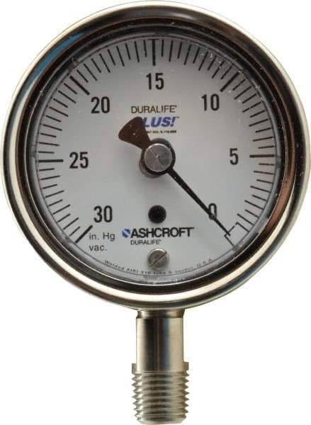 Ashcroft - 2-1/2" Dial, 1/4 Thread, 30-0 Scale Range, Pressure Gauge - Lower Connection Mount, Accurate to 1% of Scale - Eagle Tool & Supply