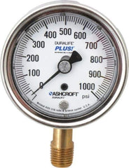 Ashcroft - 2-1/2" Dial, 1/4 Thread, 0-1,000 Scale Range, Pressure Gauge - Lower Connection Mount, Accurate to 1% of Scale - Eagle Tool & Supply