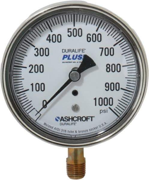 Ashcroft - 3-1/2" Dial, 1/4 Thread, 0-1,000 Scale Range, Pressure Gauge - Lower Connection Mount, Accurate to 1% of Scale - Eagle Tool & Supply