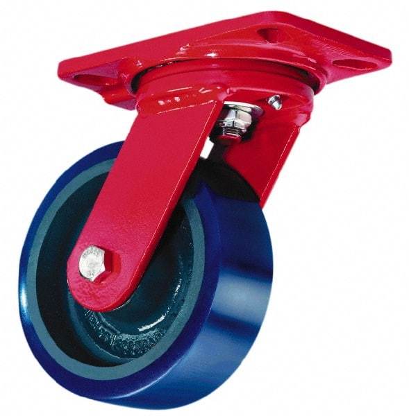 Hamilton - 10" Diam x 3" Wide x 12-1/2" OAH Top Plate Mount Swivel Caster with Brake - Forged Steel, 3,500 Lb Capacity, Roller Bearing, 5-1/4 x 7-1/4" Plate - Eagle Tool & Supply