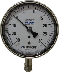 Ashcroft - 3-1/2" Dial, 1/4 Thread, 30-0-30 Scale Range, Pressure Gauge - Lower Connection Mount, Accurate to 1% of Scale - Eagle Tool & Supply