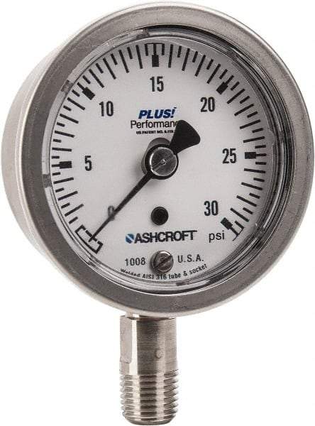 Ashcroft - 2-1/2" Dial, 1/4 Thread, 0-30 Scale Range, Pressure Gauge - Lower Connection Mount, Accurate to 3-2-3% of Scale - Eagle Tool & Supply