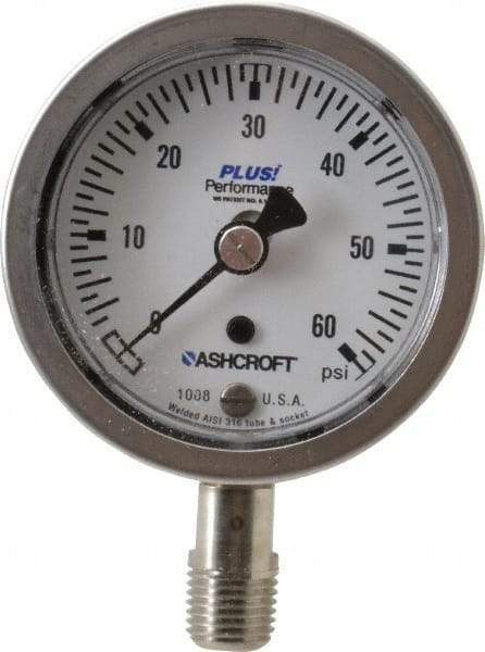 Ashcroft - 2-1/2" Dial, 1/4 Thread, 0-60 Scale Range, Pressure Gauge - Lower Connection Mount, Accurate to 3-2-3% of Scale - Eagle Tool & Supply