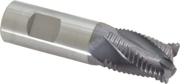 ProMax - 3/4" Diam, Coarse Pitch, 1" LOC, 4 Flute Solid Carbide 0.055-0.065" Corner Radius Roughing End Mill - AlTiN Finish, 3" OAL, 3/4" Shank Diam, Single End, Centercutting, 30° Helix - Eagle Tool & Supply