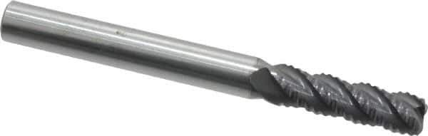 ProMax - 1/4" Diam, Fine Pitch, 3/4" LOC, 4 Flute Solid Carbide 0.04-0.05" Corner Radius Roughing End Mill - AlTiN Finish, 2-1/2" OAL, 1/4" Shank Diam, Single End, Centercutting, 40° Helix - Eagle Tool & Supply