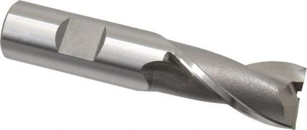 OSG - 20mm, 1-1/2" LOC, 3/4" Shank Diam, 3-3/4" OAL, 2 Flute, Cobalt Square End Mill - Single End, Uncoated, Spiral Flute, 30° Helix, Centercutting, Right Hand Cut, Right Hand Flute, Series 580 - Eagle Tool & Supply