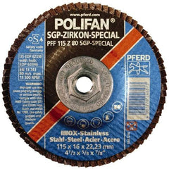 PFERD - 60 Grit, 4-1/2" Disc Diam, 5/8-11 Center Hole, Type 29 Zirconia Alumina Flap Disc - 13,300 Max RPM, Fiberglass Backing, Arbor Attaching System, Coated - Eagle Tool & Supply