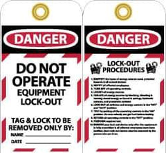 NMC - 3" High x 6" Long, DANGER - DO NOT OPERATE - EQUIPMENT LOCK-OUT - TAG & LOCK TO BE REMOVED ONLY BY:, English Safety & Facility Lockout Tag - Tag Header: Danger, 2 Sides, Black, Red & White Unrippable Vinyl - Eagle Tool & Supply