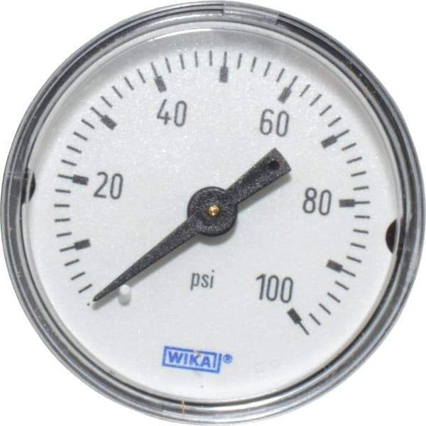 Wika - 1-1/2" Dial, 1/8 Thread, 0-100 Scale Range, Pressure Gauge - Center Back Connection Mount, Accurate to 3-2-3% of Scale - Eagle Tool & Supply