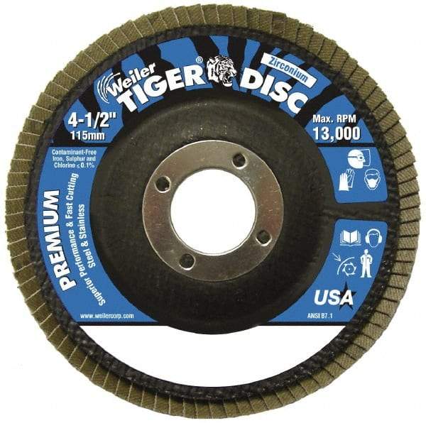 Weiler - 120 Grit, 4-1/2" Disc Diam, 7/8" Center Hole, Type 29 Zirconia Alumina Flap Disc - 13,000 Max RPM, Phenolic Backing, Arbor Attaching System, Coated - Eagle Tool & Supply