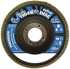 Weiler - 120 Grit, 4-1/2" Disc Diam, 7/8" Center Hole, Type 29 Zirconia Alumina Flap Disc - 13,000 Max RPM, Phenolic Backing, Arbor Attaching System, Coated - Eagle Tool & Supply