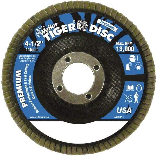 Weiler - 120 Grit, 4-1/2" Disc Diam, 7/8" Center Hole, Type 27 Zirconia Alumina Flap Disc - 13,000 Max RPM, Phenolic Backing, Arbor Attaching System, Coated - Eagle Tool & Supply