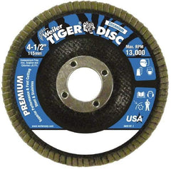 Weiler - 120 Grit, 4-1/2" Disc Diam, 7/8" Center Hole, Type 27 Zirconia Alumina Flap Disc - 13,000 Max RPM, Phenolic Backing, Arbor Attaching System, Coated - Eagle Tool & Supply