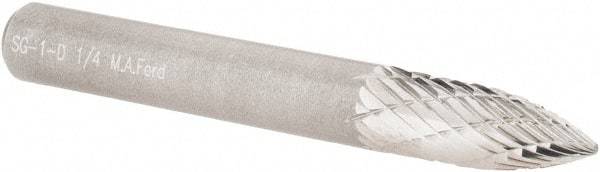 M.A. Ford - 1/4" Cut Diam, 1/4" Shank Diam, Tree Head Double Cut Burr - Carbide, Point End, 5/8" LOC, 2" OAL - Eagle Tool & Supply