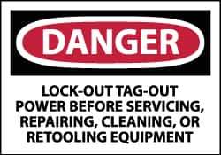 NMC - Accident Prevention Label, Header: DANGER - Legend: Danger - Lock Out, Tag-out Power Before Servicing, Repairing, Cleaning, or Retooling Equipment, English, Red, Black & White, 5" Long x 3" High, Sign Muscle Finish - Eagle Tool & Supply