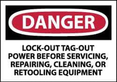 NMC - Accident Prevention Label, Header: DANGER - Legend: Danger - Lock Out, Tag-out Power Before Servicing, Repairing, Cleaning, or Retooling Equipment, English, Red, Black & White, 5" Long x 3" High, Sign Muscle Finish - Eagle Tool & Supply