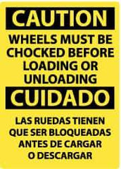 NMC - "Caution - Wheels Must Be Chocked Before Loading or Unloading", 14" Long x 10" Wide, Pressure-Sensitive Vinyl Safety Sign - Rectangle, 0.004" Thick, Use for Accident Prevention - Eagle Tool & Supply