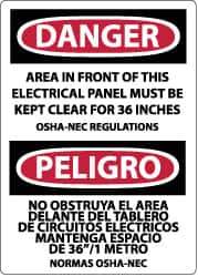 NMC - "Danger - Area in Front of This Electrical Panel Must Be Kept Clear for 36 Inches OSHA-NEC Regulations", 20" Long x 14" Wide, Pressure-Sensitive Vinyl Safety Sign - Rectangle, 0.004" Thick, Use for Accident Prevention - Eagle Tool & Supply