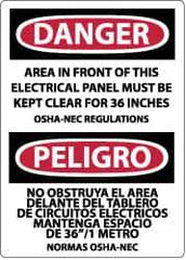 NMC - "Danger - Area in Front of This Electrical Panel Must Be Kept Clear for 36 Inches OSHA-NEC Regulations", 20" Long x 14" Wide, Pressure-Sensitive Vinyl Safety Sign - Rectangle, 0.004" Thick, Use for Accident Prevention - Eagle Tool & Supply